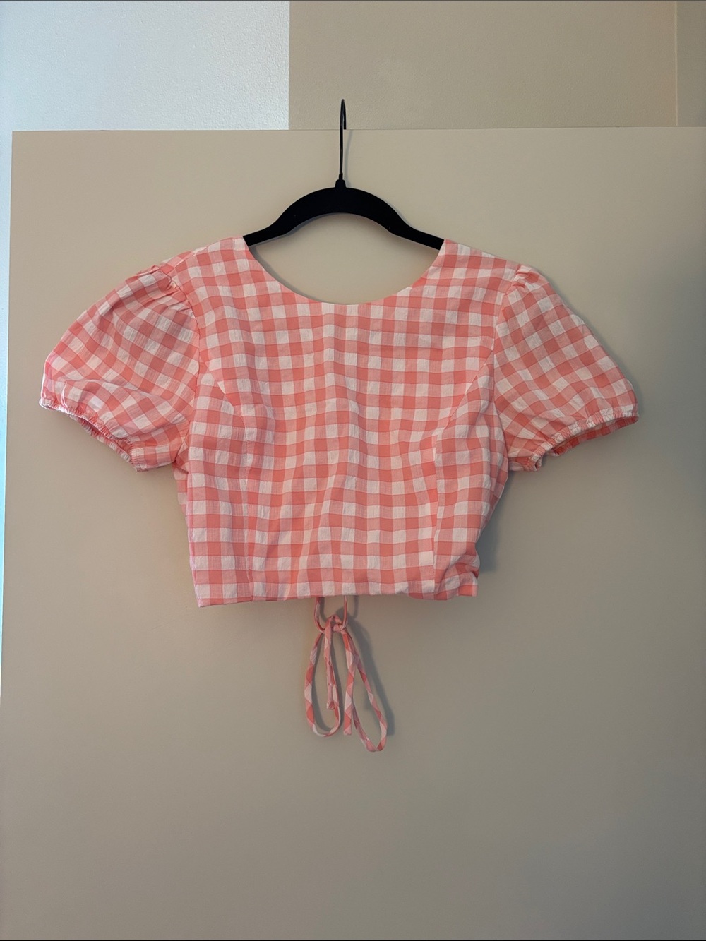 Elodie gingham puff sleeve tie back cropped top